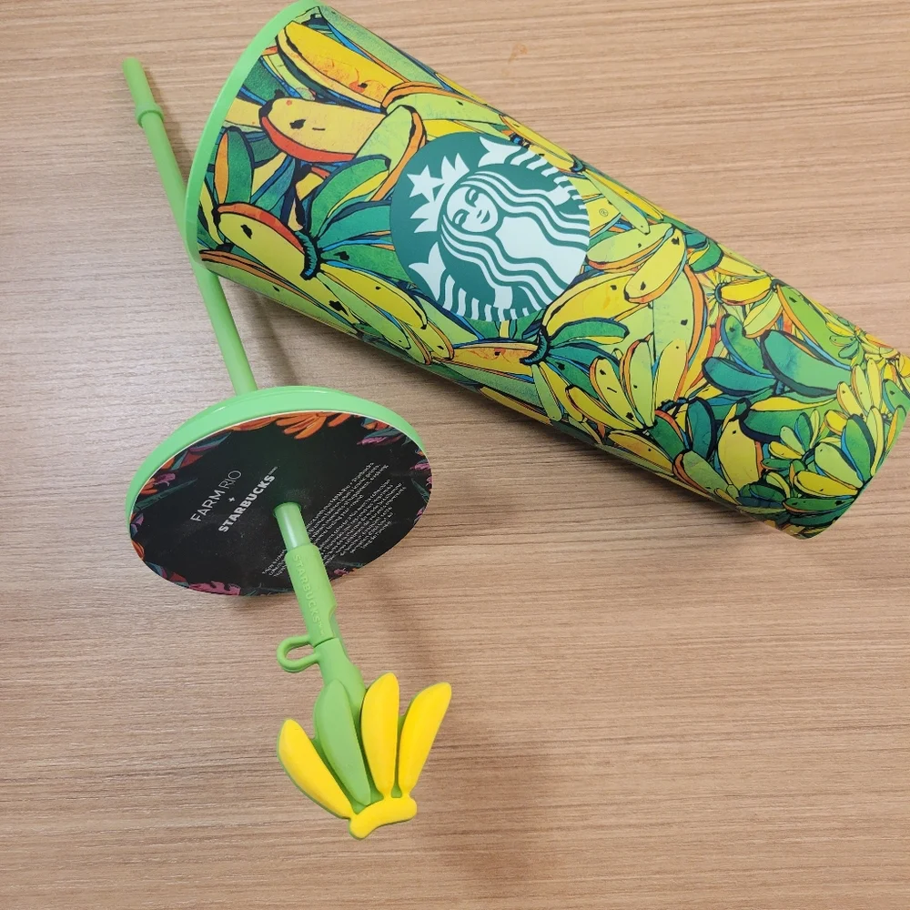 Starbucks Green and Yellow Banana Print Tumbler with Flower Straw